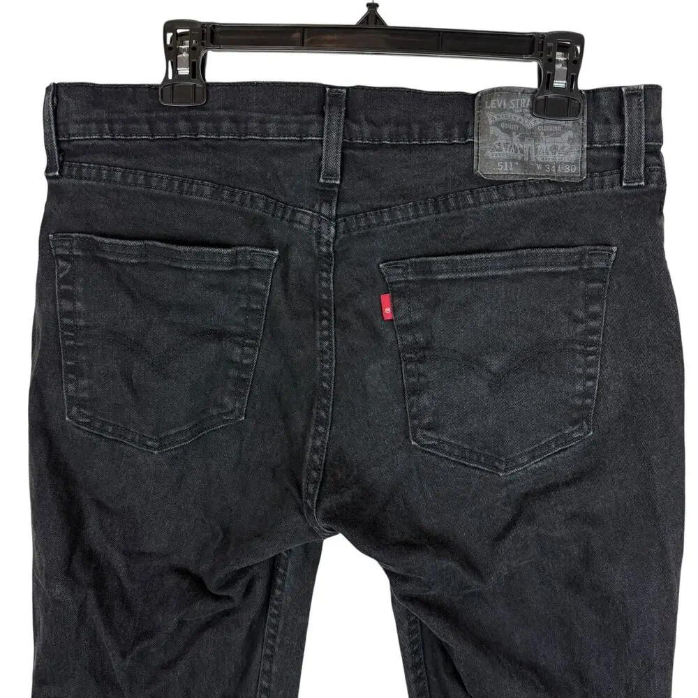 Levi's 511 Jeans Men 34x26 Black Denim Frayed Hem Mid-Rise Slim Fit Straight Leg